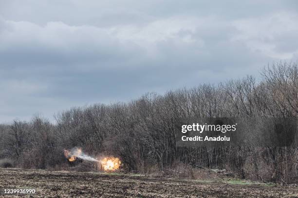 Ukrainian artillery firing on the Donbass frontline in Donbas, Ukraine on April 12, 2022.