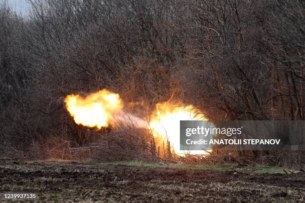 Ukrainian artillery shells Russian troops' position on the front line near Lysychansk in the Luhansk region on April 12, 2022.