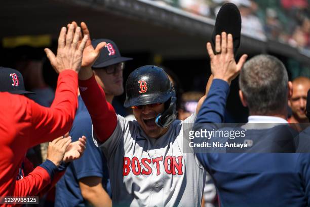 Enrique Hernandez of the Boston Red Sox celebrates after scoring a run against the Detroit Tigers during the top of the sixth inning at Comerica Park...