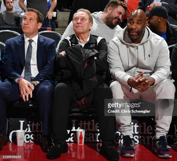 Head Coach Tom Izzo of Michigan State University and Mateen Cleaves attend the game between the Dallas Mavericks and the Detroit Pistons on April 6,...