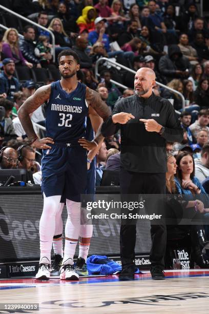 Head Coach Jason Kidd of the Dallas Mavericks talks to Marquese Chriss during the game against the Detroit Pistons on April 6, 2022 at Little Caesars...