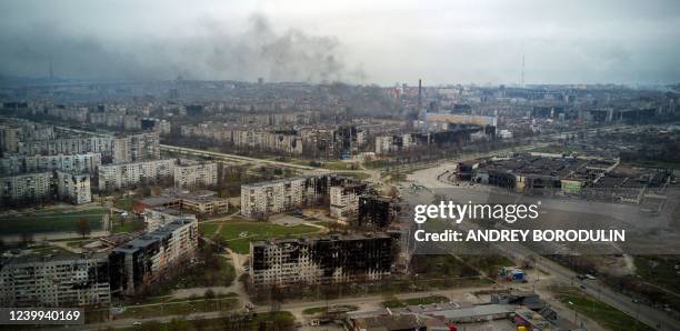 An aerial view taken on April 12 shows the city of Mariupol, during Russia's military invasion launched on Ukraine. - Russian troops on April 12...