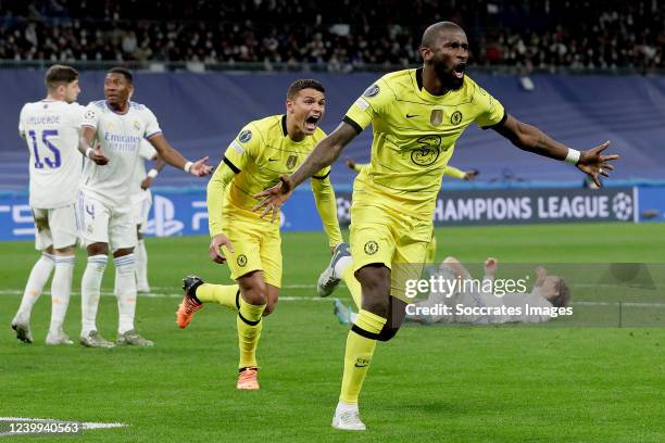 Antonio Rudiger of Chelsea celebrates 0-2 during the UEFA Champions League match between Real Madrid v Chelsea at the Santiago Bernabeu on April 12,...