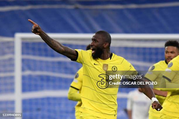 Chelsea's German defender Antonio Ruediger celebrates after scoring a goal during the UEFA Champions League quarter final second leg football match...