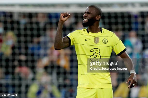Antonio Rudiger of Chelsea celebrates 0-2 during the UEFA Champions League match between Real Madrid v Chelsea at the Santiago Bernabeu on April 12,...
