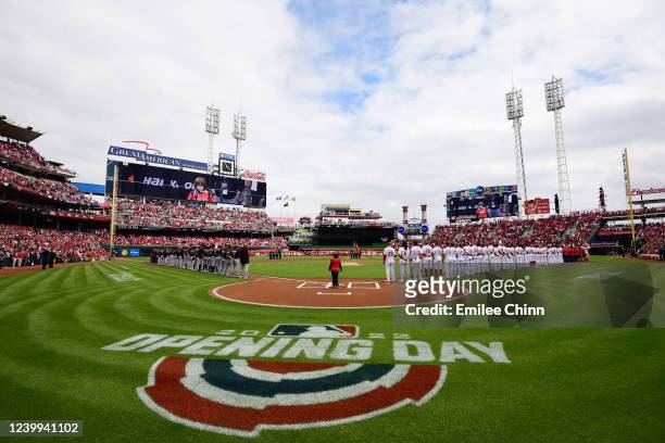 General view of the field featuring the on-field 2022 Opening Day logo prior to the game between the Cleveland Guardians and the Cincinnati Reds at...