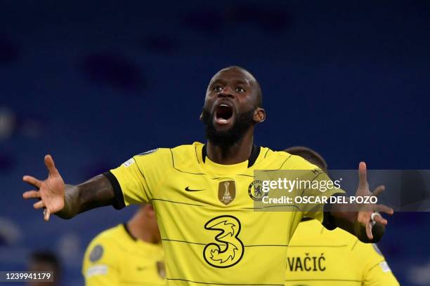 Chelsea's German defender Antonio Ruediger celebrates after scoring a goal during the UEFA Champions League quarter final second leg football match...