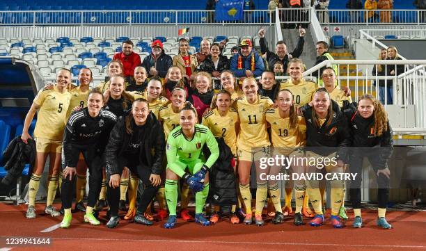 Belgium's players celebrate after winning the match between Belgium's national women's soccer team the Red Flames and Kosovo, in Pristina, Kosovo,...