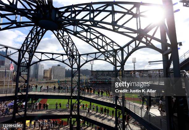 General view from the right field rotunda during opening day between the Pittsburgh Pirates and the Chicago Cubs at PNC Park on April 12, 2022 in...