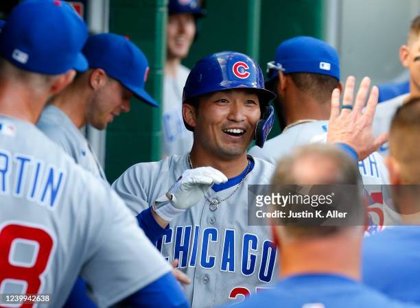 Seiya Suzuki of the Chicago Cubs celebrates after hitting a home run in the seventh inning against the Pittsburgh Pirates during opening day at PNC...