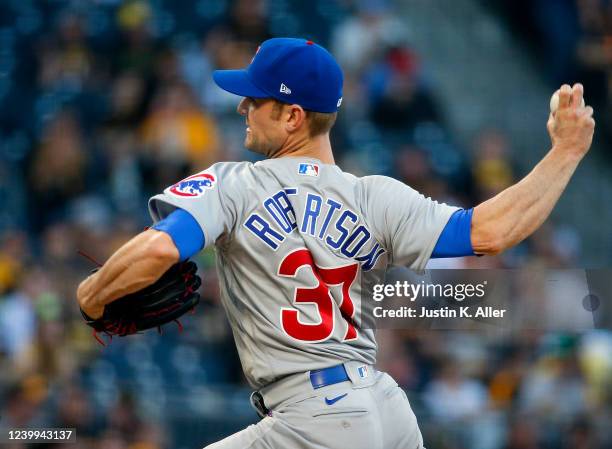 David Robertson of the Chicago Cubs pitches in the ninth inning against the Pittsburgh Pirates during opening day at PNC Park on April 12, 2022 in...