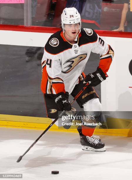 Jamie Drysdale of the Anaheim Ducks skates with the puck prior to the game against the Florida Panthers at the FLA Live Arena on April 12, 2022 in...
