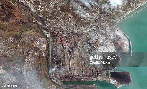 Maxar satellite imagery overview of Azovstal Iron and Steel Works, eastern Mariupol, Ukraine. 9april2022_ge1. Please use: Satellite image 2022 Maxar...