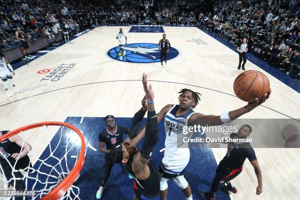 Anthony Edwards of the Minnesota Timberwolves drives to the basket against the LA Clippers during the 2022 Play-In Tournament on April 12, 2022 at...