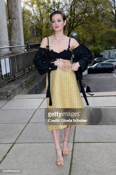 Emilia Schuele attends the world premiere of the new coffee machine WMF Perfection at Haus der Kunst on April 12, 2022 in Munich, Germany.