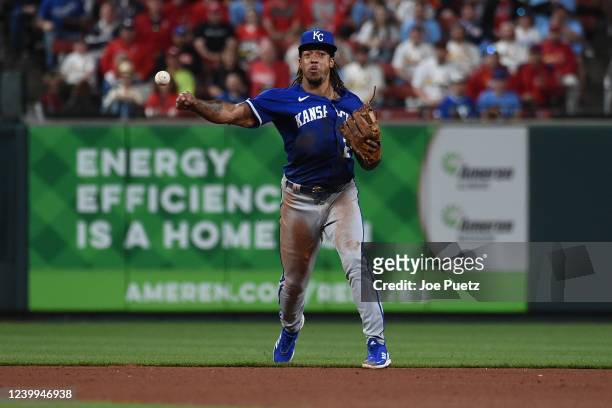 Adalberto Mondesi of the Kansas City Royals throws to first for an out against the St. Louis Cardinals during the eighth inning at Busch Stadium on...