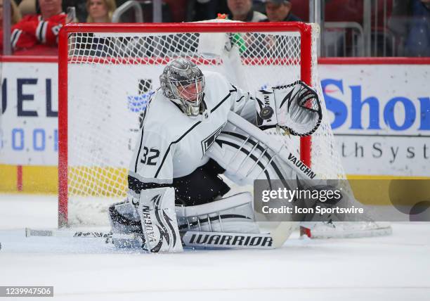 Los Angeles Kings goaltender Jonathan Quick in action during a game between the Los Angeles Kings and the Chicago Blackhawks on April 12, 2022 at the...