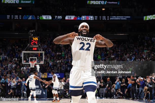 Patrick Beverley of the Minnesota Timberwolves celebrates against the LA Clippers during the 2022 Play-In Tournament on April 12, 2022 at Target...