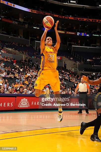 Ticha Penicheiro of the Los Angeles Sparks shoots the ball against the Tulsa Shock at Staples Center on August 26, 2011 in Los Angeles, California....