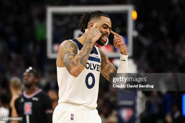 Angelo Russell of the Minnesota Timberwolves celebrates as time expires against the Los Angeles Clippers in the fourth quarter during a Play-In...