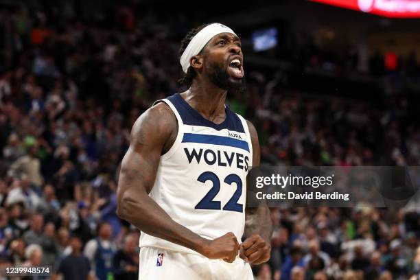Patrick Beverley of the Minnesota Timberwolves celebrates after a foul call against the Los Angeles Clippers in the fourth quarter during a Play-In...