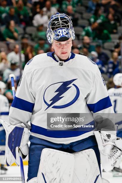 Tampa Bay Lightning goaltender Andrei Vasilevskiy sjkates around during a timeout during the game between the Dallas Stars and the Tampa Bay...