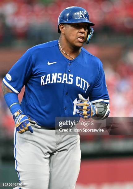 Kansas City Royals catcher Salvador Perez runs the bases after hitting a solo home run in the second inning during a Major League Baseball game...