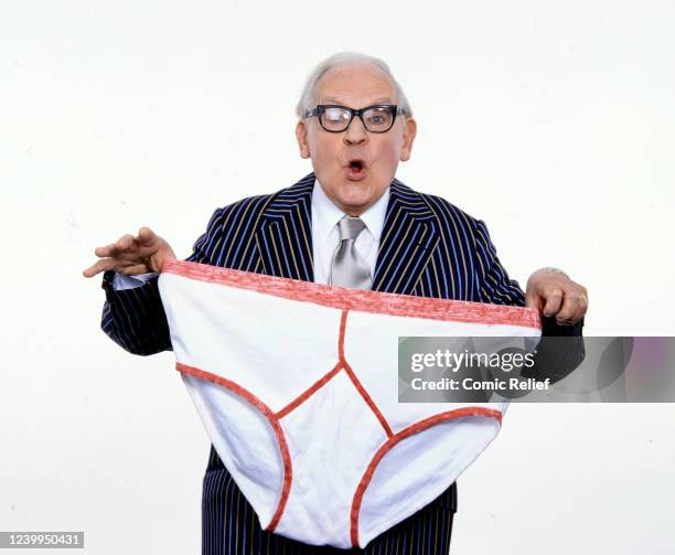 Ronnie Barker holds a giant pair of Y fronts as part of Red Nose 2001 campaign.