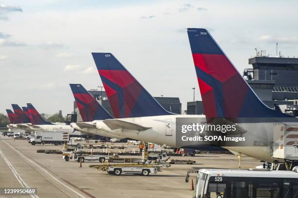 Delta airlines airplanes are seen parked at Hartsfield-Jackson International Airport in Atlanta.