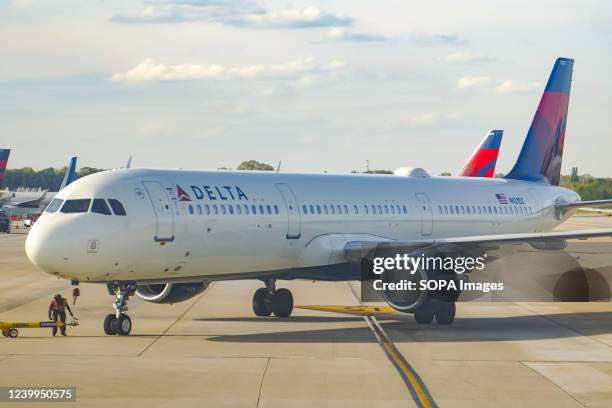 Delta airlines airplane is seen parked at Hartsfield-Jackson International Airport in Atlanta.