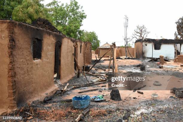General view of a burnt house in the Kukawa village in the Kanam Local Government Area of the Plateau state on April 12, 2022 after houses were burnt...