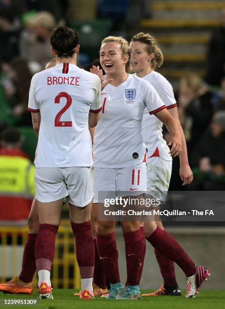 Lauren Hemp of England celebrates her opening goal with team mates during the FIFA Women's World Cup 2023 Qualifier group D match between Northern...