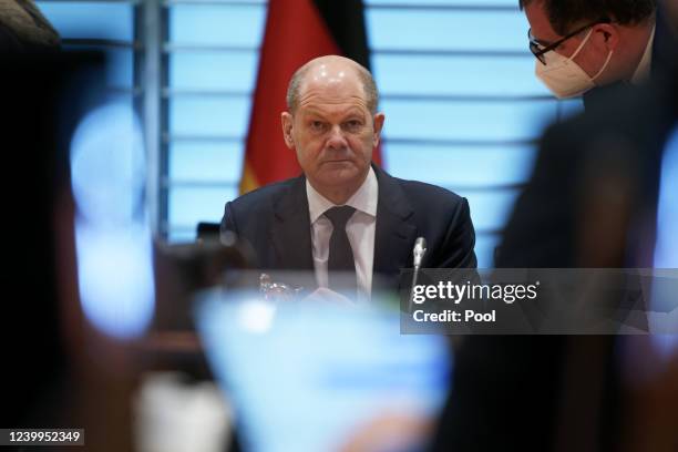 Chancellor Olaf Scholz attends the Weekly meeting of the German Federal Cabinet on April 13, 2022 in Berlin, Germany.