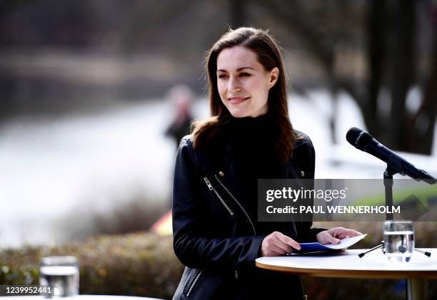 Finnish Prime Minister Sanna Marin gives a press conference with the Swedish Prime Minister prior to a meeting on whether to seek NATO membership, in...