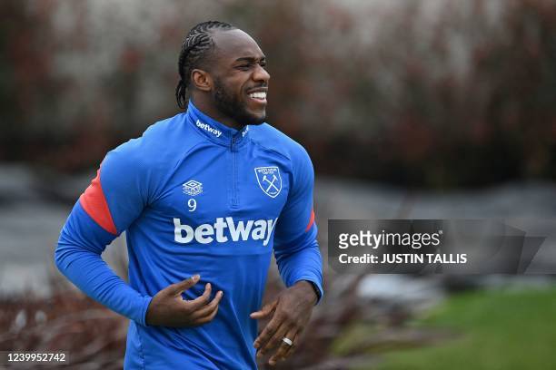 West Ham United's English midfielder Michail Antonio attends a training session at West Ham United's training ground in east London, on April 13 on...