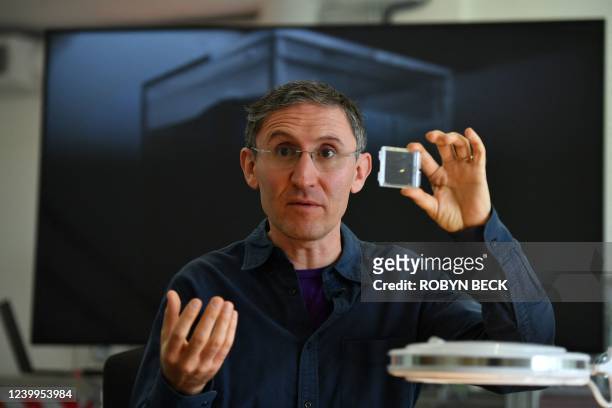 Bionaut Labs CEO and founder Michael Shpigelmacher displays the tiny remote-controlled medical micro-robot called Bionaut which his company is...
