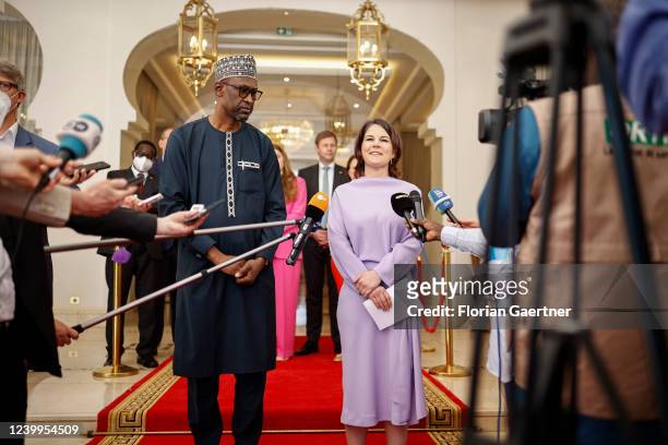 German Foreign Minister Annalena Baerbock with Abdoulaye Diop, Foreign Minister of Mali, during a press statement on April 13, 2022 in Bamako, Mali....