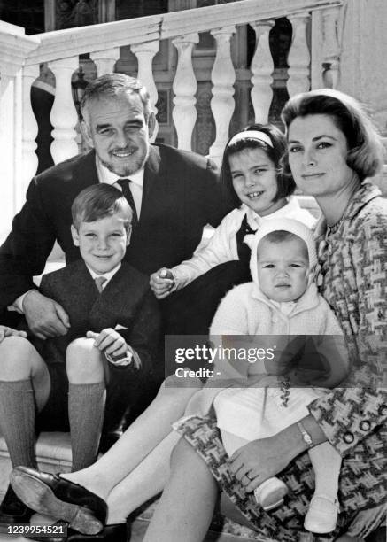 Undated photo of Prince Rainier and Princess Grace of Monaco posing during the principality's centenary in Monaco with their three children, Prince...