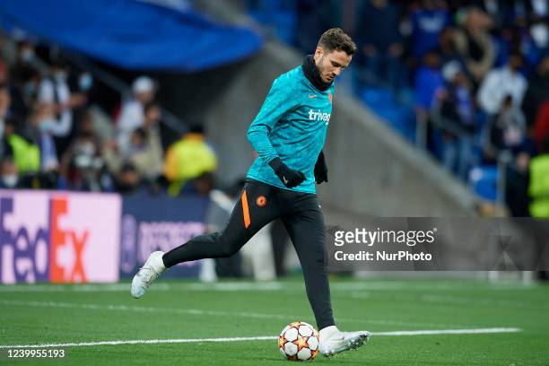 Saul Ñiguez of Chelsea during the warm-up before the UEFA Champions League Quarter Final Leg Two match between Real Madrid and Chelsea FC at Estadio...