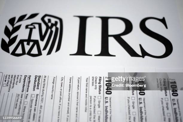 Internal Revenue Service 1040 Individual income tax forms for 2021 arranged in Louisville, Kentucky, U.S., on Tuesday, April 12, 2022. Refund sizes...