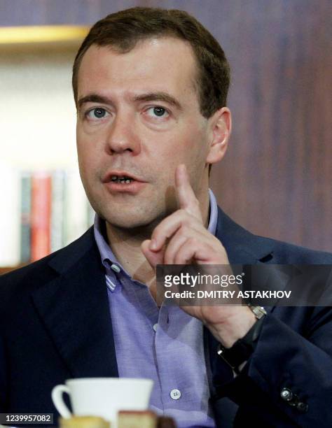 Russian President Dmitry Medvedev speaks during a joint press conference at the BRICs summit in the Chinese city of Sanya on Hainan Island, on April...