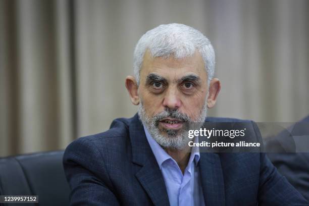 April 2022, Palestinian Territories, Gaza City: Yahya Sinwar, leader of the Palestinian Hamas Islamist movement hosts a meeting with members of...