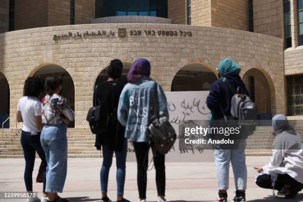 Family members of Palestinian Ahmed Manasra show their supports outside the courthouse in Be'er Sheva, Israel on April 13, 2022. The Israeli court...