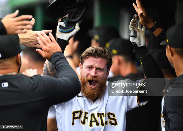 Ben Gamel of the Pittsburgh Pirates celebrates his three run home run with teammates during the second inning against the Chicago Cubs at PNC Park on...