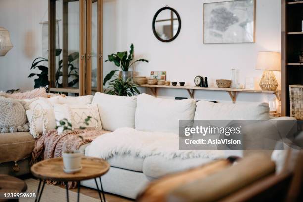 loft living room interior with modern, stylish and cozy design - cushion stock pictures, royalty-free photos & images