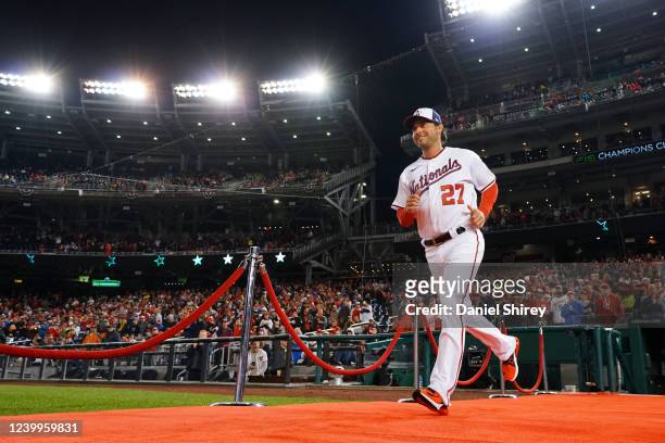 Aníbal Sánchez of the Washington Nationals is introduced before the game between the New York Mets and the Washington Nationals at Nationals Park on...