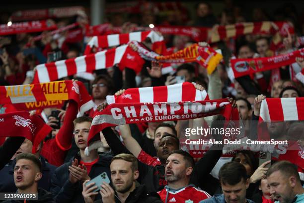 Fans before the UEFA Champions League Quarter Final Leg Two match between Liverpool FC and SL Benfica at Anfield on April 13, 2022 in Liverpool,...
