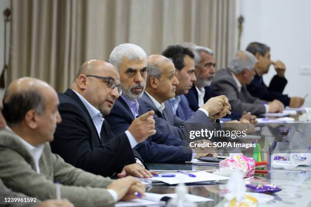 Palestinian factions seen during a meeting at the office of the chief of Hamas Yahya Al-Sinwar in the Gaza strip to discuss the new Israel threats...