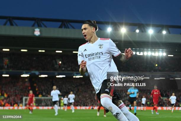 Benfica's Uruguayan forward Darwin Nunez reacts after is goal is disallowed due to his offside position during the UEFA Champions League quarter...
