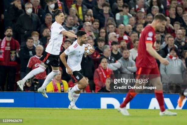 Goncalo Ramos of SL Benfica celebrates after scoring his team's first goal with teammates during the UEFA Champions League Quarter Final Leg Two...